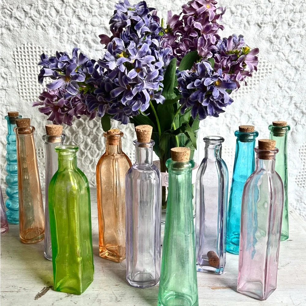 70s VINTAGE Aqua Glass Bottles Table Decor Wedding Birthdays Showers $29 each